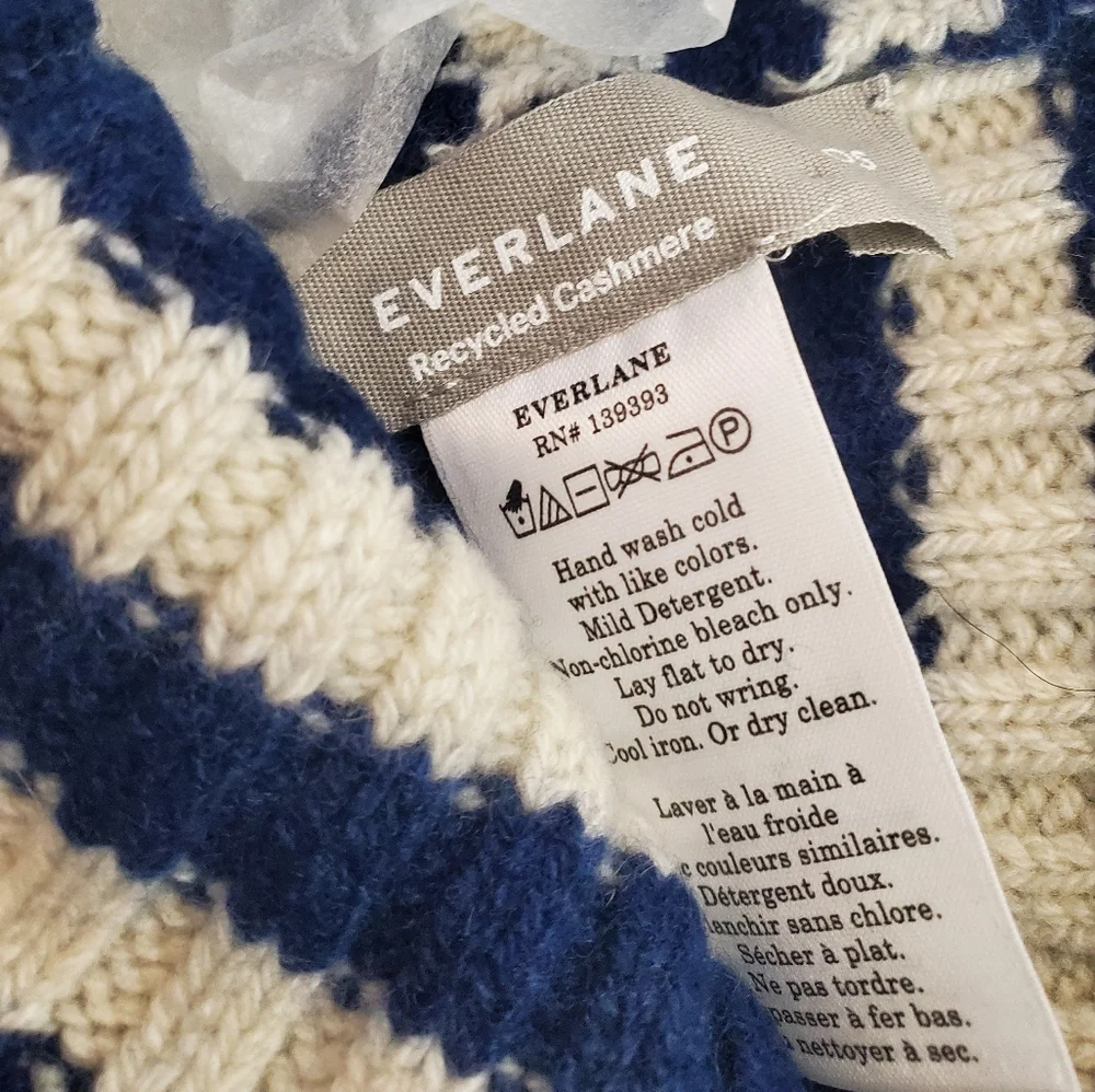 EVERLANE Unisex Navy Striped Recycled Cashmere Ribbed Knit Beanie One Size
